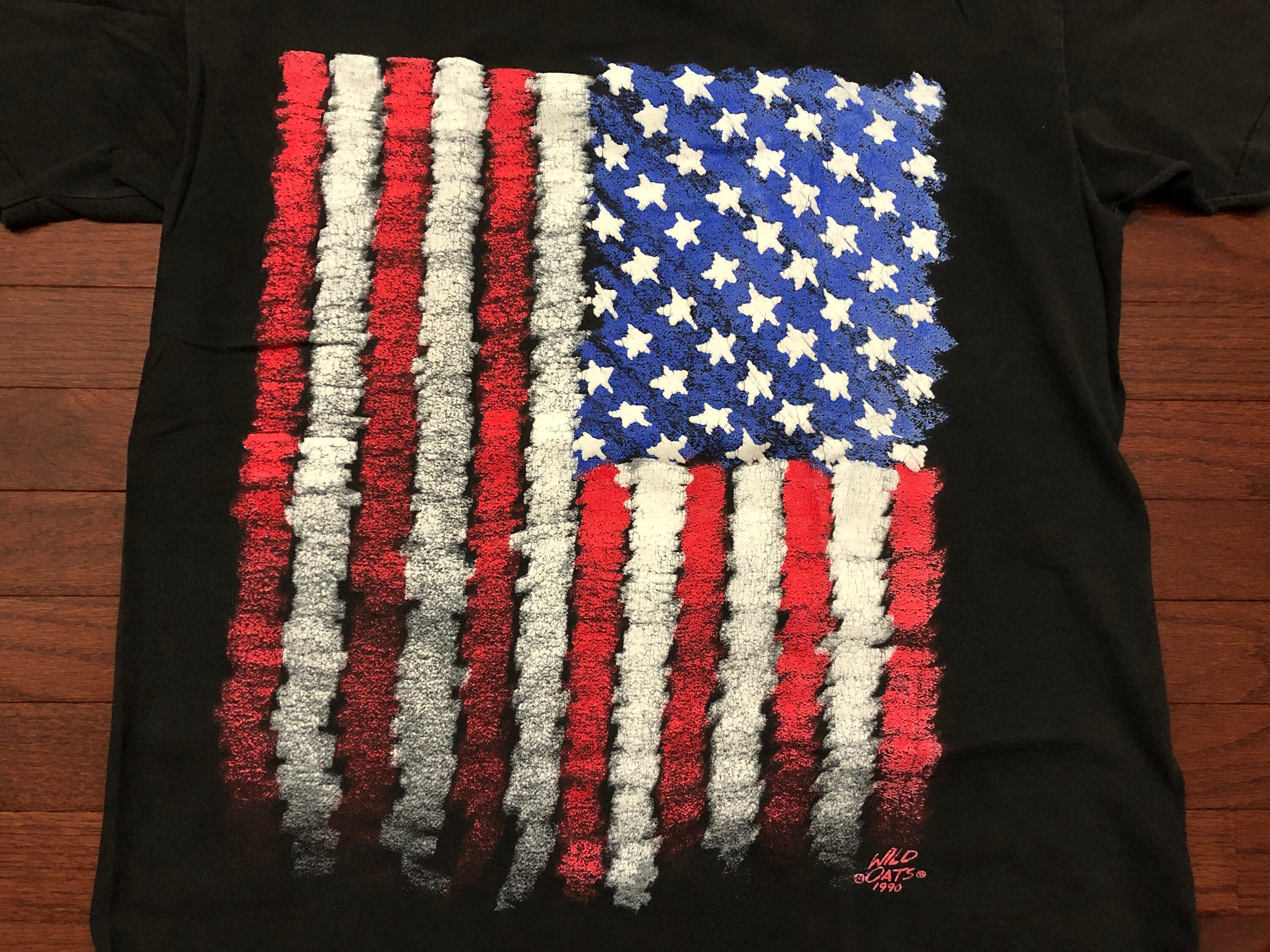 90s ”万国旗“USA製”常田“grange“boro sweat XL 1990 American Flag Men's T Shirt Black Red White Blue Wild Oats