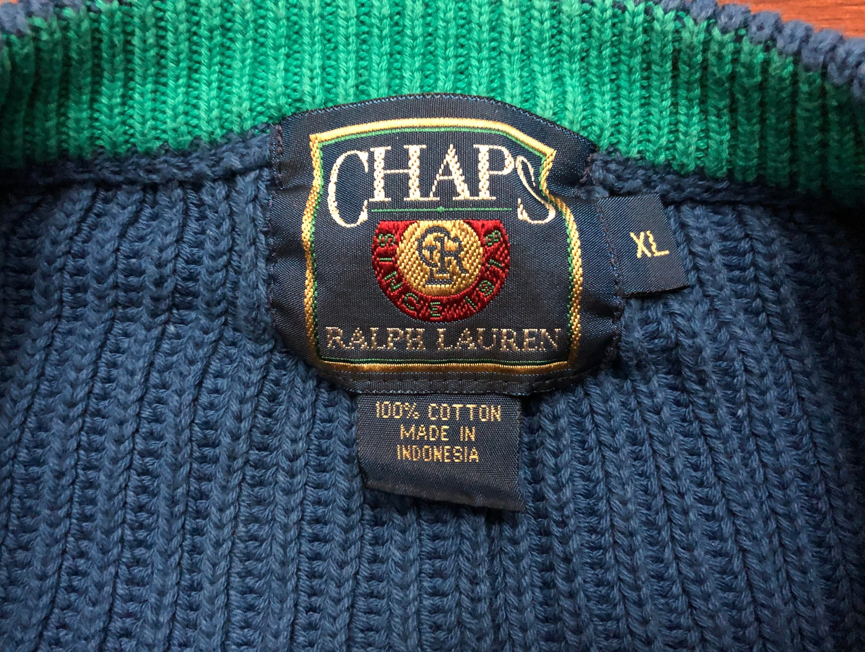 XL 80's Chaps Ralph Lauren Knit Sweater Men's Blue Green Vintage