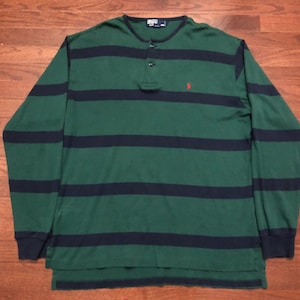 Large 90's Polo Ralph Lauren long sleeve henley T shirt men's green dark blue w/ red pony vintage 1990's E