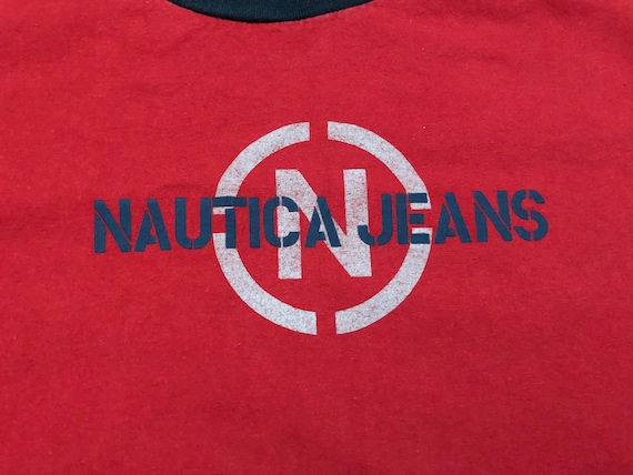 XL 90's Nautica Jeans Company T Shirt Men's Red Blue Vintage 1990's Sailing  Sailboat Streetwear Made in the U.S.A. 