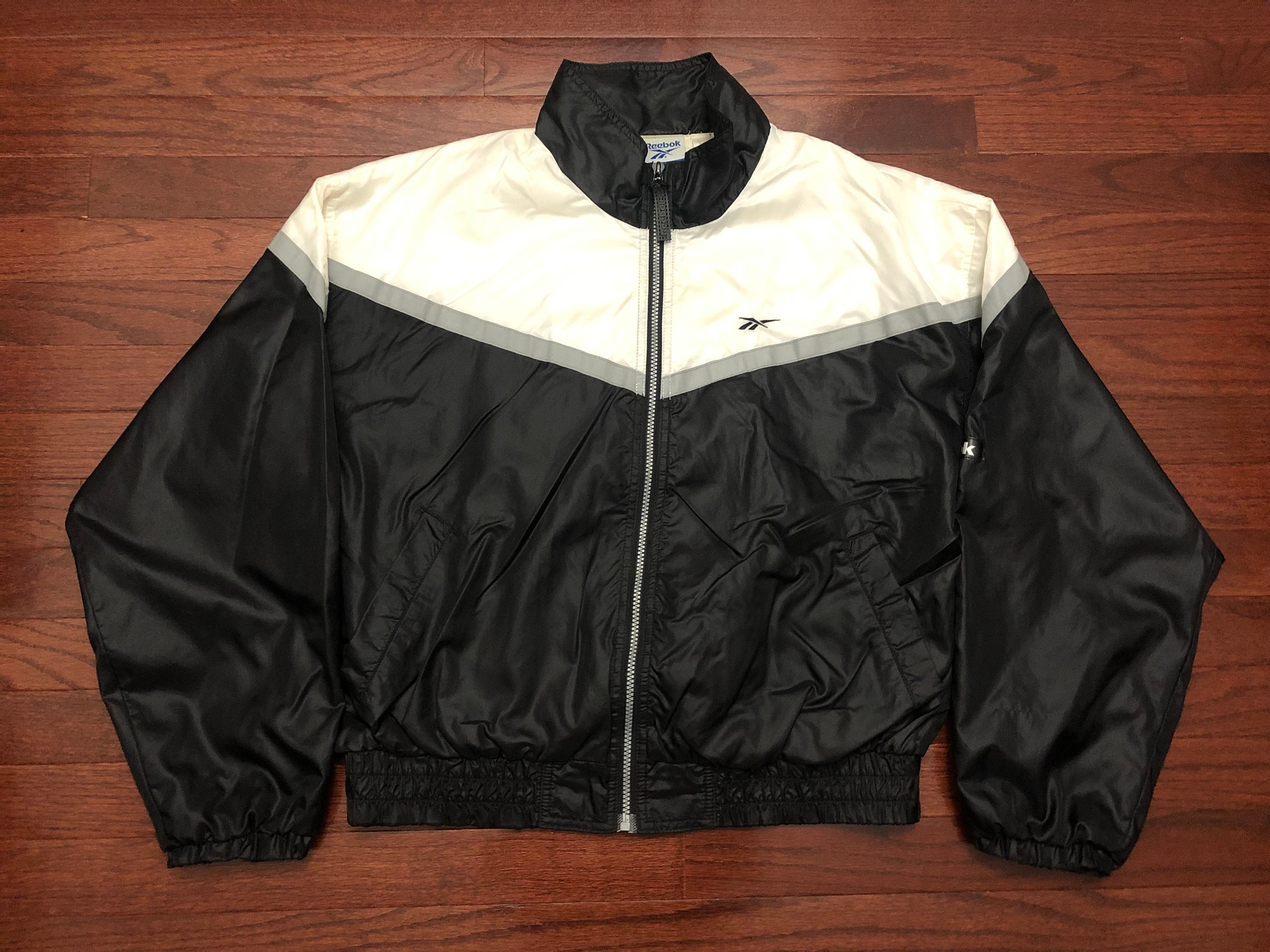 Large 90's Reebok Track Jacket Men's Windbreaker Black White Reflective Gray Vintage 1990's Swishy Coat