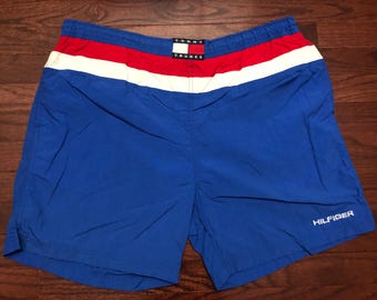 XL 90's Tommy Hilfiger Trunks swim suit board shorts men's blue red white vintage bathing swimming E