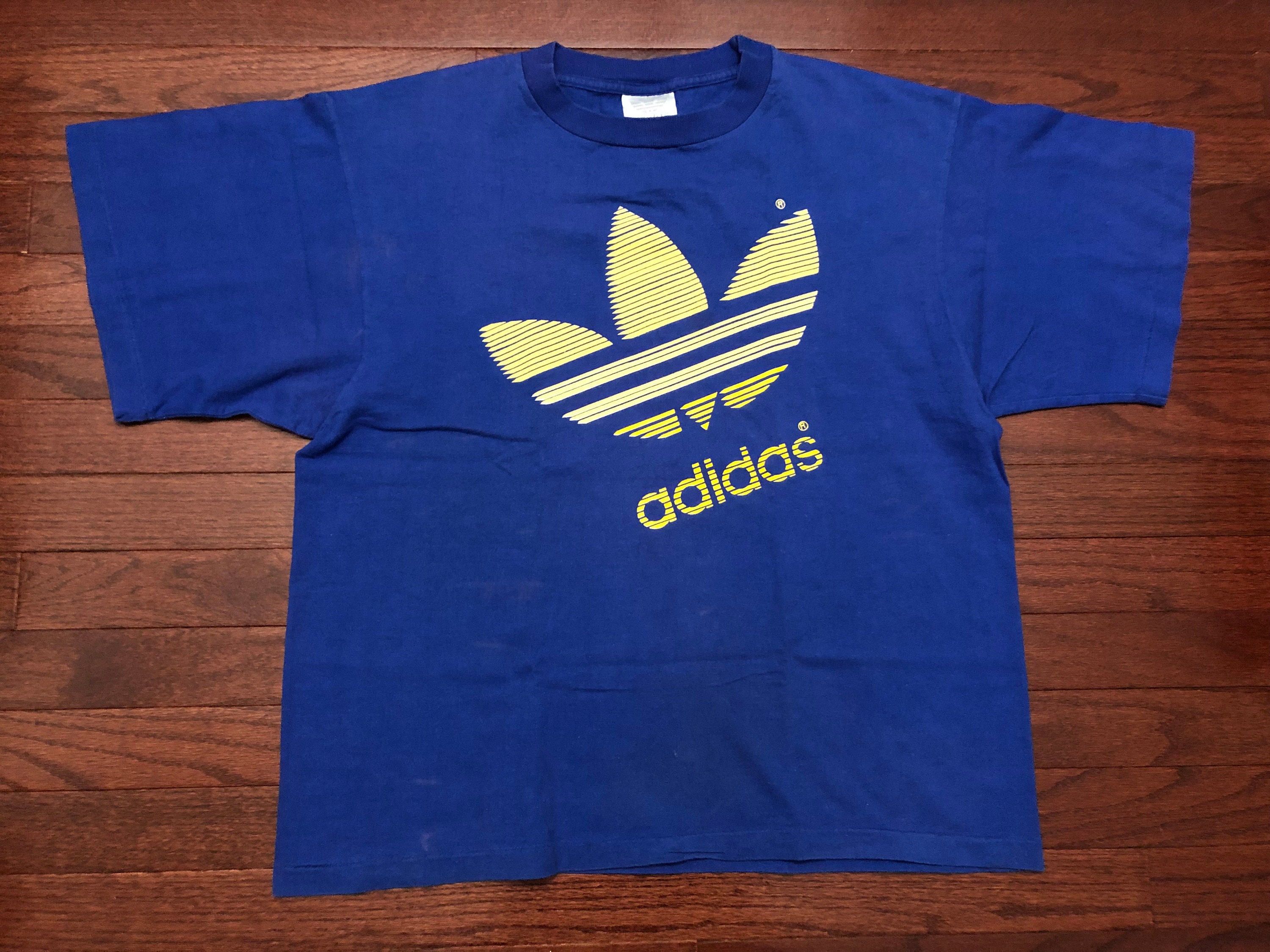 Adidas Mens Retro SS Grey Blue Yellow Crew Neck T-Shirt Medium