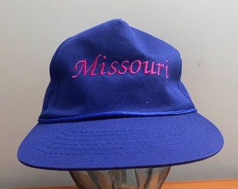 NEW 80's Missouri embroidered text strapback hat baseball cap blue pink vintage 1980's adjustable leather strap tourist local