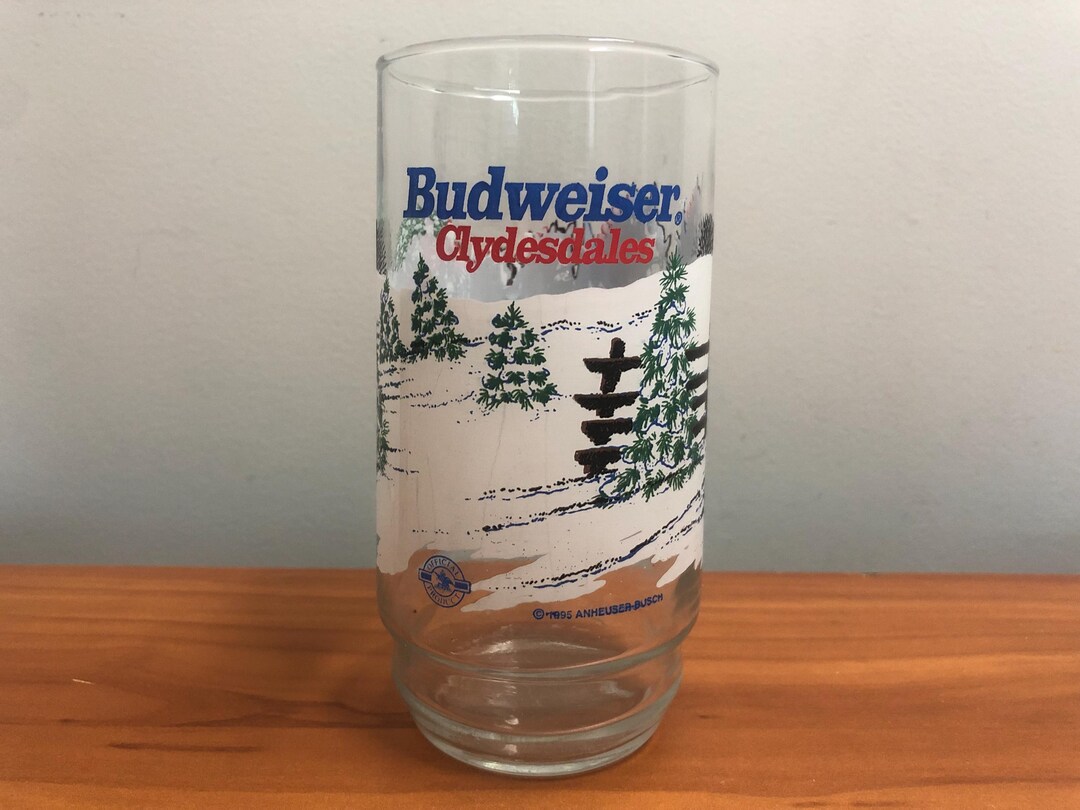 1995 Budweiser Clydesdales Drinking Glass White Winter Christmas
