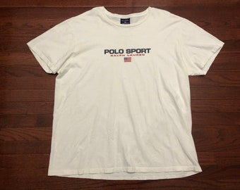 XL 90's Polo Sport Ralph Lauren T shirt men's white blue vintage 1990's spell out streetwear E