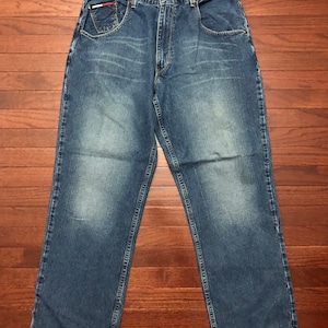 90's 36 x 32 Tommy Hilfiger Tommy Jeans men's blue denim pants vintage 1990's flag spell out