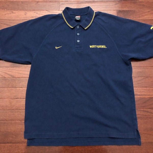 Medium West Virginia University polo shirt men's blue yellow Nike Team Mountaineers WVU E