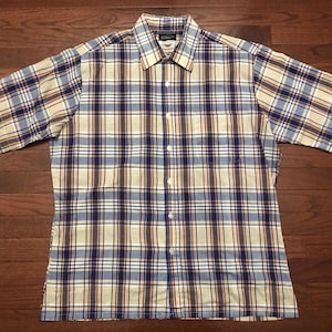 XL 80&#39;s Woodward & Lothrop Store for Men s/s button up shirt vintage 1980&#39;s blue beige yellow white red plaid E