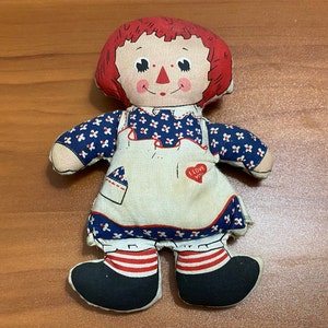 Vintage Raggedy Ann stuffed plush bean toy blue white red 80&#39;s 1980&#39;s Andy E