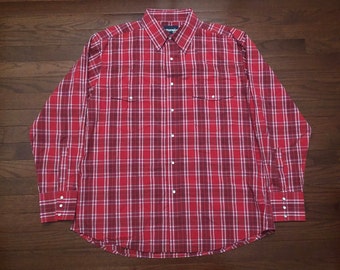 XL vintage Wrangler pearl snap button up western shirt men's cowboy ranch rancher red white blue oxford plaid E