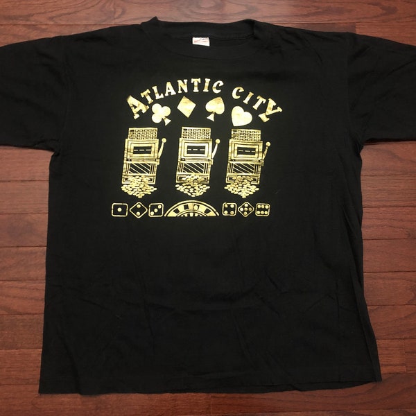 Large 90's Atlantic City New Jersey men's T shirt vintage 1990's Vecta black gold NJ Boardwalk casinos slot machines E