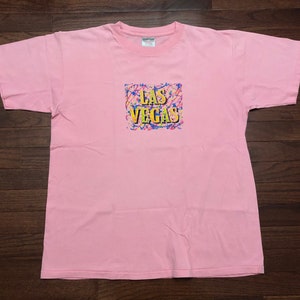 Large 90&#39;s Las Vegas Nevada T shirt men&#39;s pink blue yellow vintage 1990&#39;s Oneita tourist paint splatter single stitch NV E