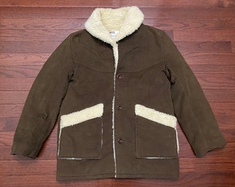 Size 14 Small 70's Montgomery Ward Custom Outerwear corduroy coat men's brown beige vintage 1970's sherpa lined jacket E