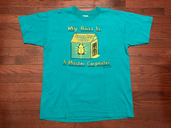 Large 2000 Camp Joy Jesus T shirt men's green yellow black My Boss Is a Carpenter vintage Catherine Jane O'neil E
