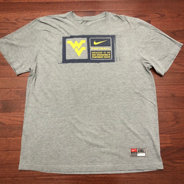 XXL West Virginia University Mountaineers Football T shirt men's gray gold blue vintage Nike Team WVU 2XL E