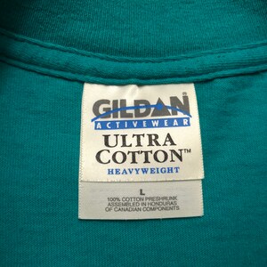 May include: A white tag with black text that reads "GILDAN ACTIVEWEAR ULTRA COTTON&trade; HEAVYWEIGHT" and "100% COTTON PRESHRUNK ASSEMBLED IN HONDURAS OF CANADIAN COMPONENTS". The tag is attached to a teal shirt.