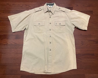 Large 70's Bob Allen s/s button up shirt men's beige brown BA safari casual vintage 1970's E