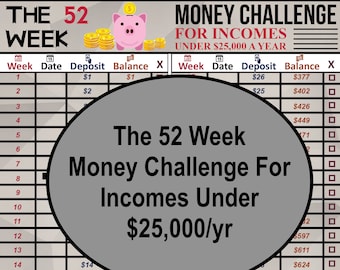 52 Week Money Challenge For Incomes Under 25,000 A Year, Savings Planning, Savings Tracker, Savings Goal, Weekly Savings Tracker, Budgeting