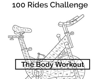 May include: Black and white line drawing of a stationary bike with numbers 1 through 100 on the frame. The text "100 Rides Challenge" and "The Body Workout" are also included in the image.