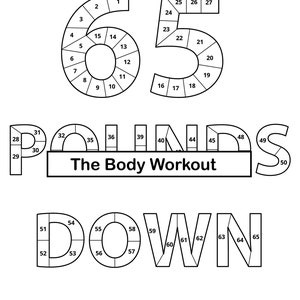 May include: A black and white printable workout chart with the numbers 1 through 50 arranged in the shape of the word "PALINDROMES" and "DOWN". The chart includes the text "The Body Workout" and the words "Start Date" and "End Date" with blank lines for the user to fill in.