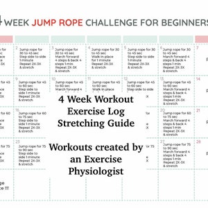Pode incluir: Um desafio de corda de saltar de 4 semanas para iniciantes. O gráfico inclui 28 dias de exercícios de corda de saltar, com cada dia incluindo uma rotina de corda de saltar diferente. O gráfico também inclui dias de descanso. O gráfico é intitulado "4 Week Jump Rope Challenge for Beginners".