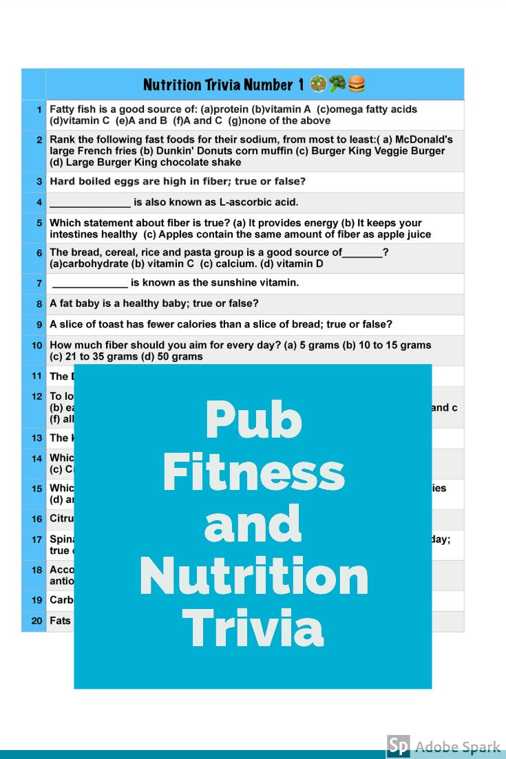 Pub Trivia Fitness Quiz 100 Trivia Questions Fitness And Etsy