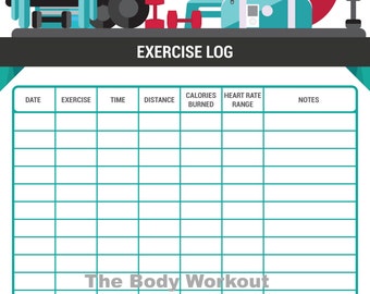 May include: A teal and black exercise log with a green and white grid. The log has columns for date, exercise, time, distance, calories burned, heart rate range, and notes. The top of the log has a black banner with the text "EXERCISE LOG" in white. The banner is decorated with various fitness equipment, including dumbbells, a kettlebell, a scale, an hourglass, and an apple. The bottom of the log has the text "The Body Workout" in black.