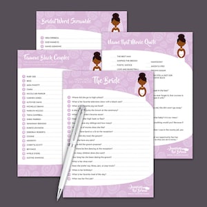 Bridal shower games for the African American bride-to-be. There are several games in the packet, including a black celebrity couples game, a romantic movie game, a word scramble, and a know the bride the best game.