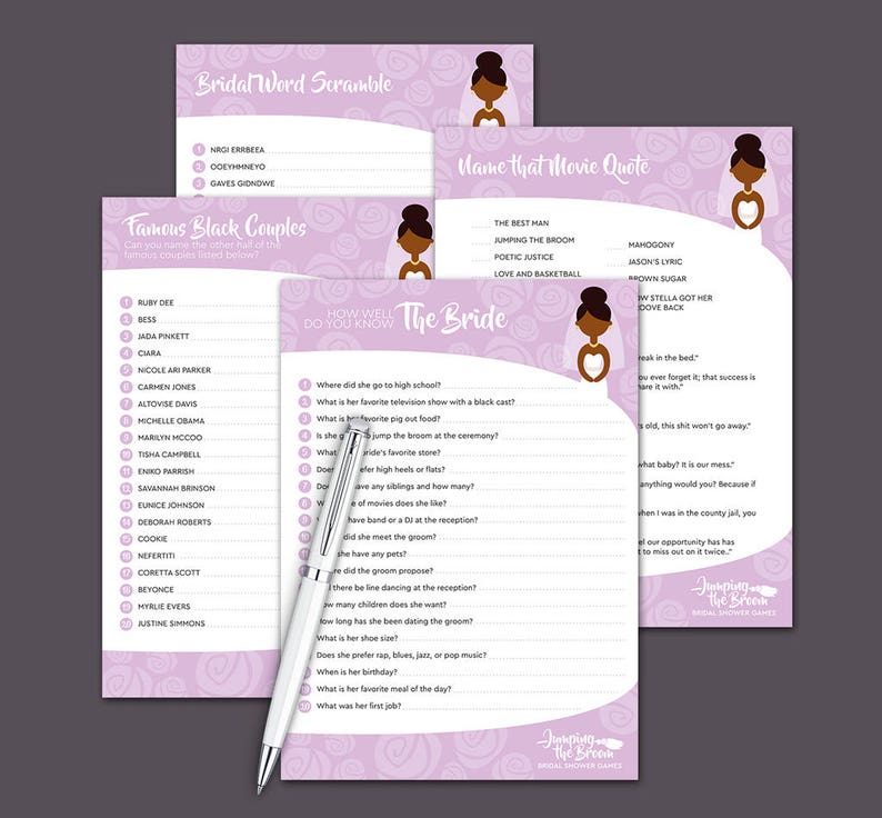 Bridal shower games for the African American bride-to-be. There are several games in the packet, including a black celebrity couples game, a romantic movie game, a word scramble, and a know the bride the best game.