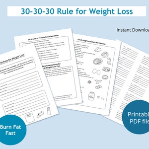 Könnte beinhalten: Ein druckbarer PDF-Leitfaden für einen 30-30-30-Gewichtverlustplan. Der Leitfaden enthält eine Liste von proteinreichen Lebensmitteln, Frühstücksvorschlägen und Empfehlungen für einen 30-tägigen Gewichtsverlustplan. Der Leitfaden enthält auch einen Abschnitt über schnelles Fettverbrennen.