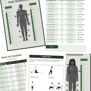 Pode incluir: Uma colagem de gráficos e diagramas relacionados com fitness. Inclui um gráfico de "Medição Corporal" com uma silhueta e pontos de medição, um programa de treino em passadeira e exercícios de alongamento. O texto inclui "Booty Lift Treadmill".