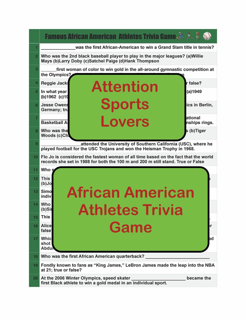 African American Athletes Trivia Game Black History Month Etsy