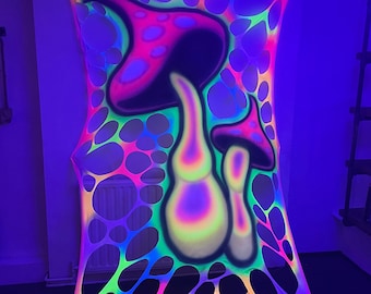 Psychedelic Rainbow Mushroom Wall Hanging, Trippy Tapestry, UV Decor, Psychedelic Event Decorations, Mushroom Wall Art, Gifts For DJ