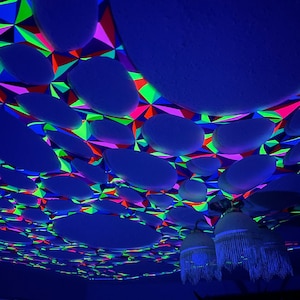 UV geometric ceiling canopy, Stretch Decor,UV decor, black light tapestry, glow in the dark decorations, event planner, trippy wall hanging.