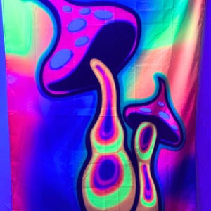 Pack Of 5 Cartoon Psychedelic Mushroom Tapestries, UV-Reactive Shroom Wall Hangings, Psychedelic Event Decorations, Bundle Discount, DJ gift
