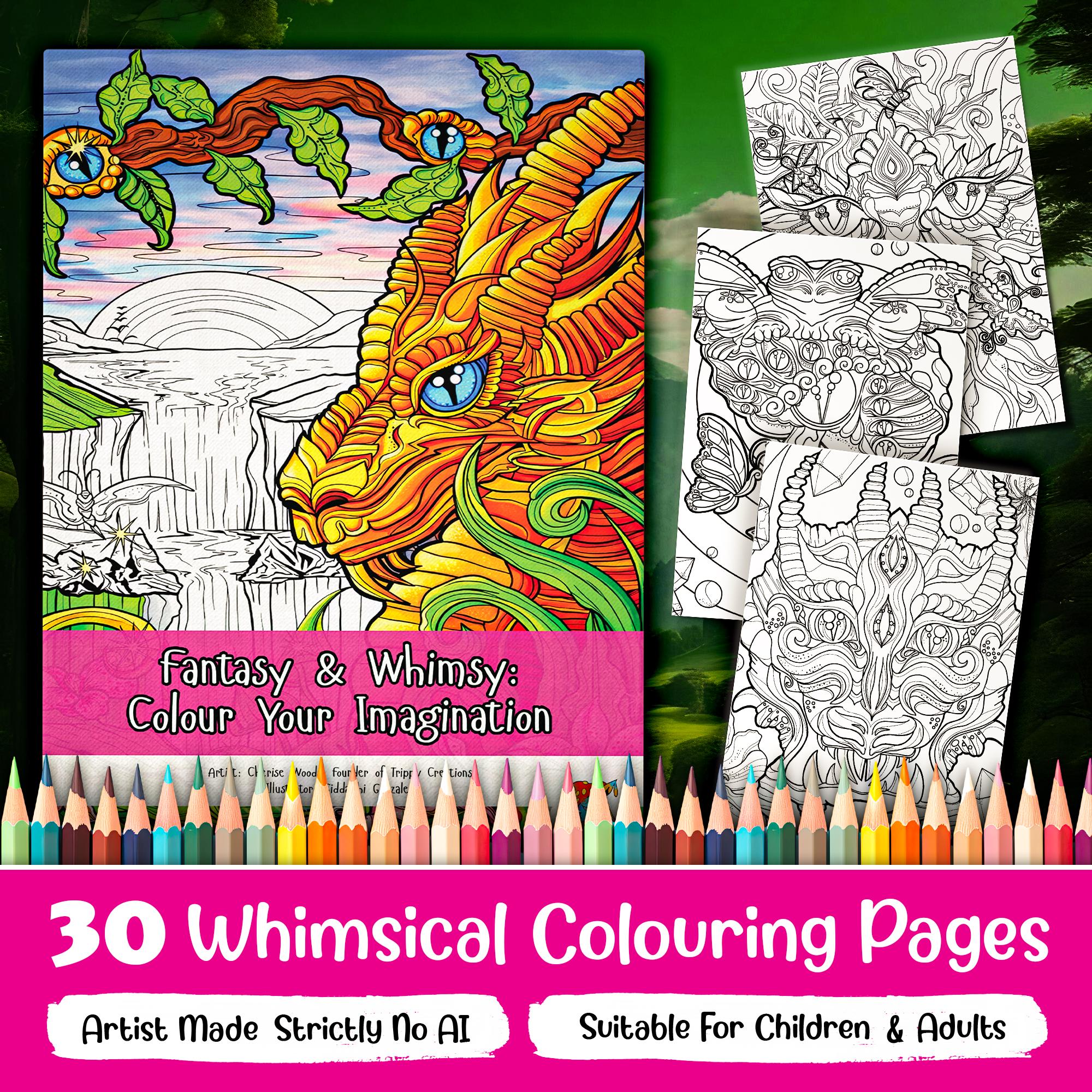 Fantasy & Whimsy Colouring Book, 60+ Page Handmade Children's Mythical Colouring Book, Colour Therapy Gift Ideas, Fantasy Colouring Pages.