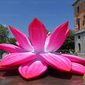 Giant pink and white inflatable lotus flower for weddings, Lotus flower event decorations, floral inflatable party decor, flowery stage