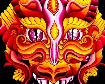 Japanse draak Art Print, rode vuurdraak, fantasiethemakunst, donkere fantasie, drakenschilderij, cadeaus voor hem, gamercadeaus, speelkamerkunst.