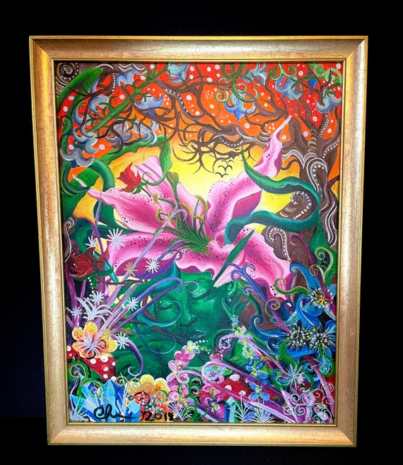 Gold frame painting/ Mystical wall art, Goddess painting, Pagan art, Enchanting woodland, Green home decor, Fairy aesthetic, House warming