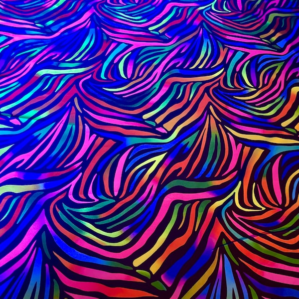 UV Rainbow Zebra Print Material, Stretchy Spandex Trippy Material, Funky Upholstery Projects, Neon Kids Crafts, Event Decorations and more.