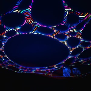 UV zebra print ceiling and wall canopy, UV decor, black light tapestry, glow in the dark decorations, event planner, trippy wall hanging.