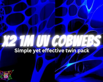 Twin set of UV white (blue glow) cobwebs, trippy decorations, UV decor , black light tapestry , uv wall hanging, Halloween decor, DJ gifts.