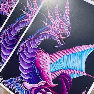 dragón de fantasía, impresión de arte de dragón, arte de dragón japonés, ilustración de fantasía, arte de fantasía oscura, dragón púrpura, arte caprichoso, arte de sala de juegos.