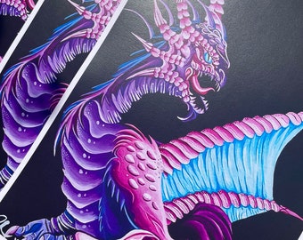 fantasy dragon, dragon art print, japanese dragon art, fantasy illustration, dark fantasy art, purple dragon, whimsical art, games room art.