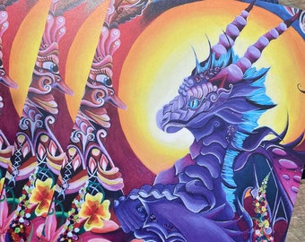 psychedelic art, dragon wall art, fantasy art print, purple dragon, hippy art, tree of life, enchanting forest decor, gamer gifts, playful