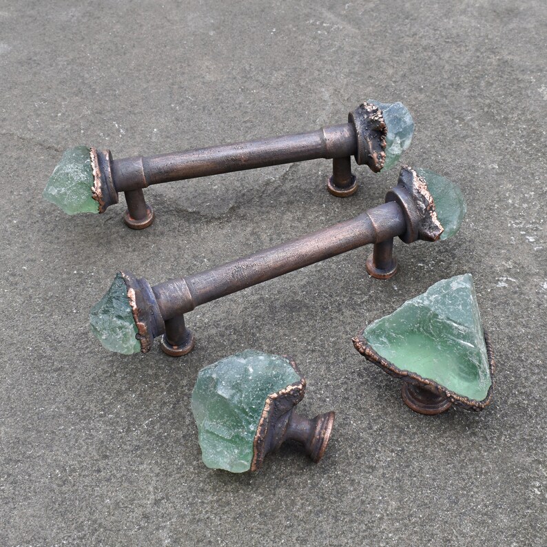Raw fluorite crystal pulls. Drawer handles with Etsy