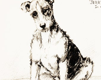 Dog Lover Gift Vintage Dog Artwork "Terrier" Dog Art Print Canine Drawing for Nursery Dog Art (JD)