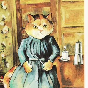 Vintage Cat Image Funny Cat Print of Susan Herbert Art &quot;Woman with Coffee Pot&quot;Paul Cezanne Spoof