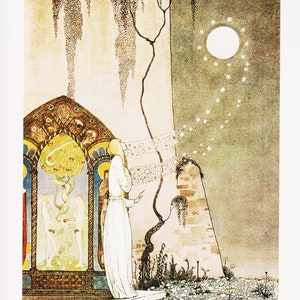 Kay Nielsen Art Nouveau Print Childrens Wall Art &quot;Girl in Moonlight&quot; East of Sun Norwegian Fairy Tale Illustration (7)